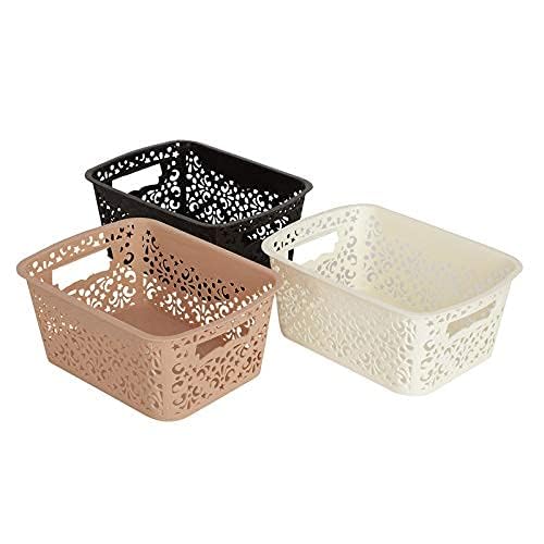 Image of Cutting Edge Essentials Plastic Storage Baskets /Shelf /Turkish Rack with Lid - Set of 3 for Fruit Vegetable Bathroom Stationary Home Basket with Handle (Brown,Beige & White - Large)