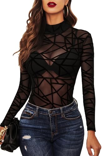 Avidlove Damen Body Sexy Bodysuit Elegant Mesh Top Langarm Spitzen Formende Bodys Rollkragen Oberteil Rave Festival Outfit Party Club Tops Schwarz L