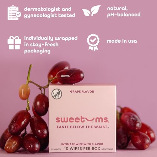 Image of Sweetums Feminine Wipes For Women, Individually Wrapped - pH Balanced Flavored Intimate Wipes - Grape, Pack of 10