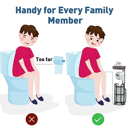 [Upgrade] Toilet Paper Holder Stand With Shelf Tissue Holders For Bathroom Free Standing Bath Tissue Roll Holder Magazine Rack For Mega Rolls/Phone/Wipe-Black #TOP1