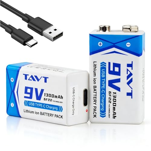 TAVT 2X 9V baterías de 1300mAh con Puerto de Carga USB C para Juguetes, Detector de Humo, multímetro, walkie talkies, micrófonos
