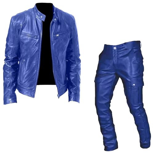 Men's Casual PU Coat Leather Pants Set Motorcycle Two-Piece Leather Jacket Zip Up Bomber Faux Leathers Jacket