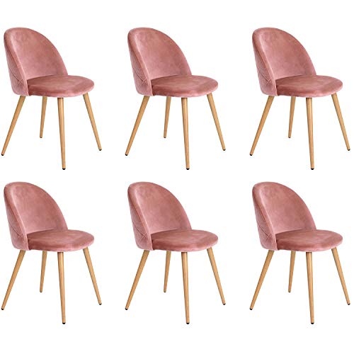 WV LeisureMaster Ensemble de 6 Chaises de Salle à Manger avec Assise Rembourrée Ergonomique en Tissu de Velours sans Bras avec Pieds en Métal Chaise D'appoint de Style Scandinave, Rose