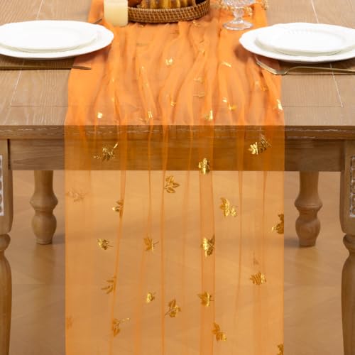 Image of Fall Maple Leaf Table Runner Orange Sheer Gauze Foil Table Runner, 6PC