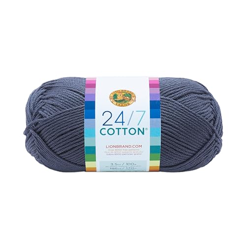 Image of Lion Brand Yarn Lightweight 24 /7 Cotton Yarn for Knitting, Crocheting, and Crafts, Denim, 1 Pack | Light Worsted 100% Mercerized Cotton Yarn for Crochet, Knitting, Craft, 185 Yards of Natural Fiber for Tees, Bags, Dishcloths