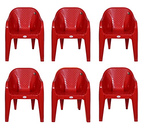 Image of PETALS Plastic Chairs Set of 6 Without Cushion | Arm Chair for Drawing /Living Room | Armchairs for Home /Office /Garden /Indoor & Outdoor | Cap Upto 150 Kgs | Red, 6 Pcs, Bravo | 3 Years Warranty