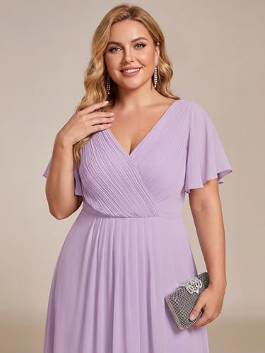 Image of Ever-Pretty Plus Summer Short Sleeves V-Neck Formal Wedding Guest Dresses for Curvy Women Chiffon Midi Cocktail Party Dress Frosted Lilac US18