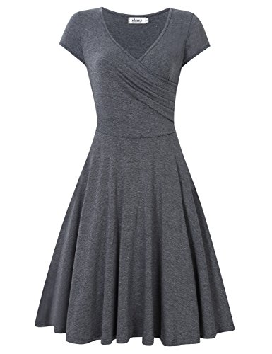MISSKY Women Short Sleeve V Neck Gray Knee Length Elegant Slim Swing Dress (M