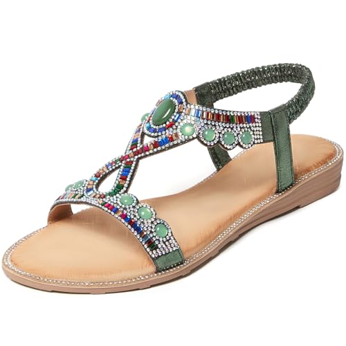 Image of iCKER Womens Rhinestone Strappy Flat Sandals Elastic Ankle Strap Open‑Toe | Sparkling,for wedding,party,evening dates,special occasion,Vacation,Formal