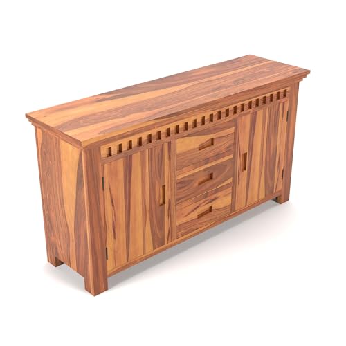 Image of Solid Sheesham Wood Wooden Sideboard Storage Cabinet & Chest of Drawer : Ideal for Living Room and Bedroom with 3 Drawers and 4-Shelf Storage(Carter,Honey Finish)