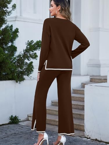 Womens 2 Piece Outfits Long Sleeve Knit Sweater Sets Knit Pullover Tops Wide Leg Pants Lounge Sets Tracksuits 6