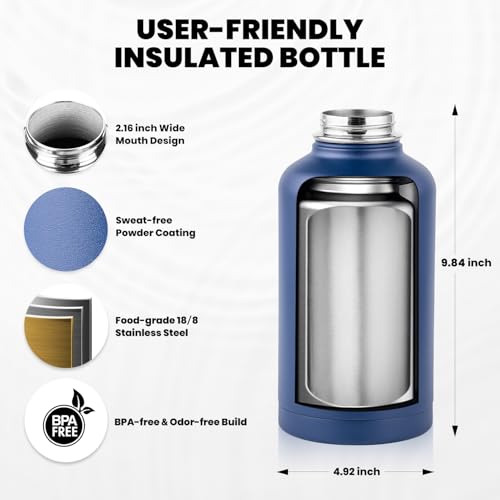 Image of RAYMYLO Insulated Water Bottle 64 oz, Triple Wall Vacuum Stainless Steel (Cold for 48 Hrs), Leak Proof & Non-BPA, Half Gallon Water Flask Jug with Paracord Handle & Straw Spout Lids, Navy Blue