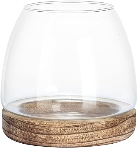 Napco Imports Round Glass Top with Wooden Base 6 x 3.75 Inch Glass and Wood Plant Propagation Vase or Terrarium