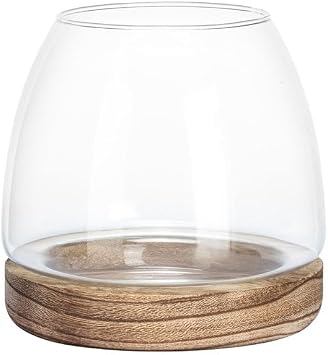 Napco Imports Round Glass Top with Wooden Base 6 x 3.75 Inch Glass and Wood Plant Propagation Vase or Terrarium
