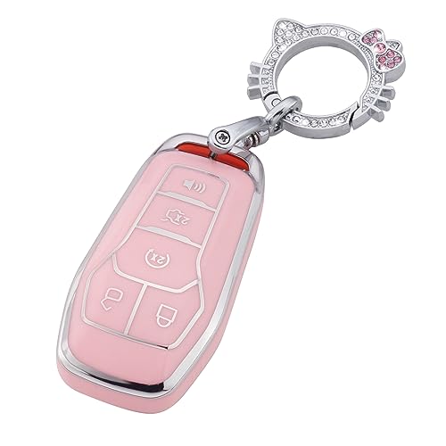 Image of Pangpai Pink Key Fob Cover for Ford, Soft TPU Key Case Protection with Bling Keychain Fit for F150 Explorer Mustang Edge Lincoln MKZ MKX MKC