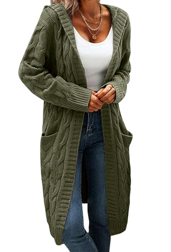 WIFFGO Lightweight Hooded Open Front Cardigan for Women Cable Knit Sweaters Pocketed Oversized Knee Length Long Coats Army Green