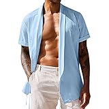 Xmiral Cardigan Camicia a Maniche Corte in Lino Pizzo Tinta Unita Estivo da Uomo Camicia A Mezza Manica (M,Cielo Blu-A)