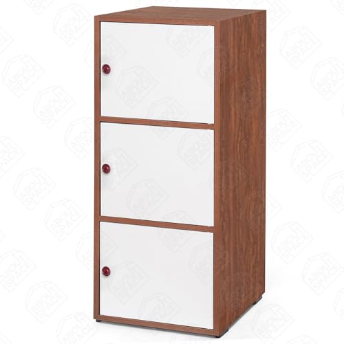 Image of ABOUT SPACE Wooden Book Rack - 3 Tier Storage Cabinet for Living Room with Magnetic Door, Space Saving Book Self for Home, Engineered Wood Cabinet (Oak Red - L 38 x B 38.5 x H 100.5 cm)