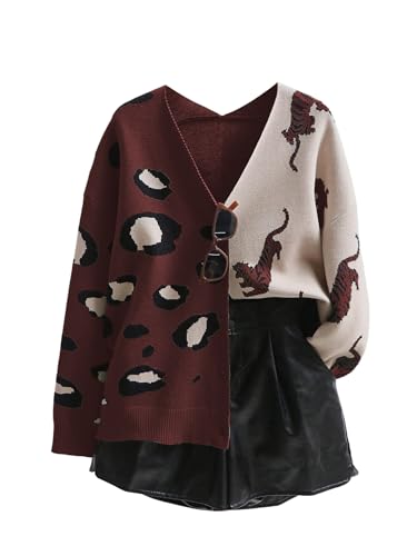 Image of WDIRARA Women's Leopard Tiger Print Cardigan V Neck Long Sleeve Color Block Button Down Sweater Outwear