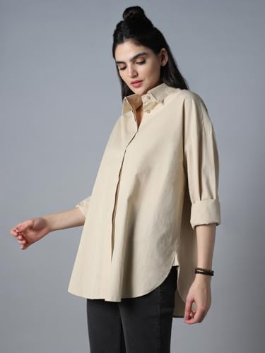 Image of High Star Relaxed Oversized Spread Collar Long Sleeve Cotton Longline Casual Shirt