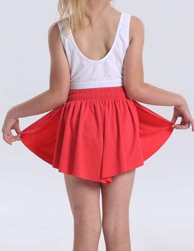 Flowy Butterfly Shorts for Girls 2-in-1 Athletic Running Skirt Shorts Cheer Tennis Dance Preppy with Spandex Liner(Forest Green,Red,S) - Thumbnail 4