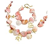 Conjunto de pulsera y collar con forma de tortuga y estrella de mar de Coral, piedra rosa de acero inoxidable, joyería resistente al agua for mujer(N3572 B1742)