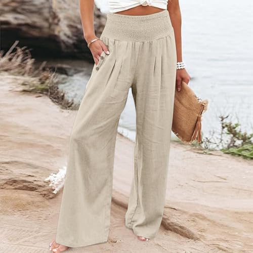 Linen Pants Women 2025 Summer Palazzo Flowy Pants Wide Leg Beach Pant High Waist Casual Vacation Trouser with Pocket3