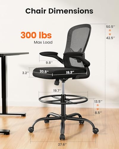 Image of ErGear Drafting Chair, Standing Desk Chair with Flip-Up Armrests, High Desk Chair Adjustable Height, Ergonomic Tall Office Chair with Lumbar Support and Adjustable Footrest Ring,6 Pack