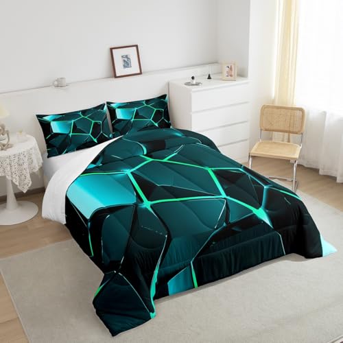 Image of Feelyou Blue Green Hexagon Comforter Stereoscopic Honeycomb Comforter Set for Kids Geometrics Beehive Bedding Set Geometric Honeycomb Duvet Set Simplistic Room Decor Quilt King Size Boys