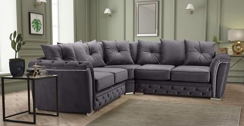 Chesterfield Dark Grey Plush 5 Seater Corner Sofa 101