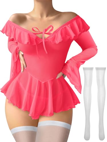 Image of Foxiny Sheer Ruffle Long Sleeve Babydoll Lingerie Dress | Off-shoulder neckline, flared cuffs and a flounce hem add movement; thong and thigh-high stockings complete the 3-piece set