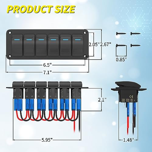 Image of Joinfworld 6 Gang Rocker Switch Panel 12V Marine Boat Switch Panel Waterproof 12 Volt Blue LED Light Toggle Switch Panel ON Off with Pre-Wired for Boat Automotive Car Truck RV UTV