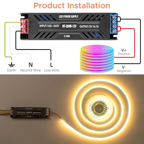 Image of LED Power Supply 12V 200W, LED Driver 16.7A, 120V AC to 12V DC Transformer, IP20 Compact for Home Lighting, LED Lamps