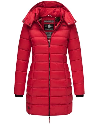 MARIKOO Damen langer Wintermantel warmer Steppmantel mit abnehmbarer Kapuze Abendsternchen Deep Red Gr. S