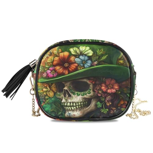 ALAZA Women's St Patrick's Day Floral Skull PU Leather Crossbody Bag Shoulder Purse with Tassel