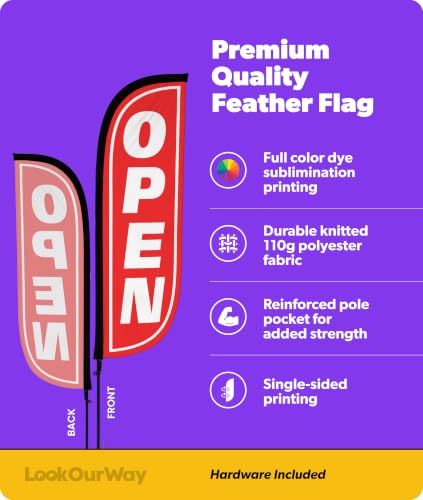 Image of LookOurWay Feather Flag Pole Kit - 7 Feet Tall Advertising Banner with Fiberglass Pole Set and Ground Spike for Business Promotion - Open Flags - Open Red & White