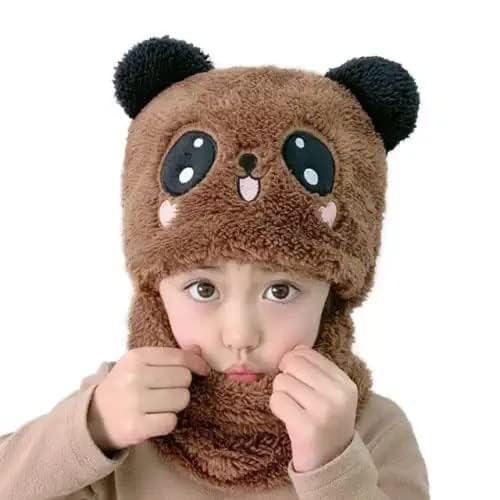 Image of TopiBaaz Cute Panda Cartoon Monkey Cap for Boys and Girls (Pack of 1) | Age - 6 Years to 12 Years |Free Size | Plush Wool | Winter Cap | Neck Scarf