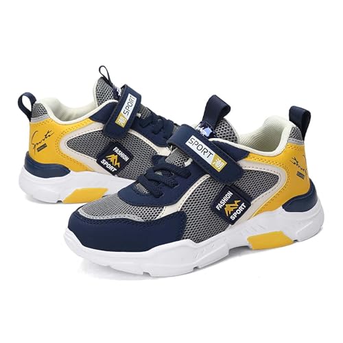 TERBOFIN Boys Slip-on Sports Shoes Fashion Sneakers Soft Breathable Hook and Loop Athletic Running Tennis Shoes for Big Kids Grey Yellow Size 5