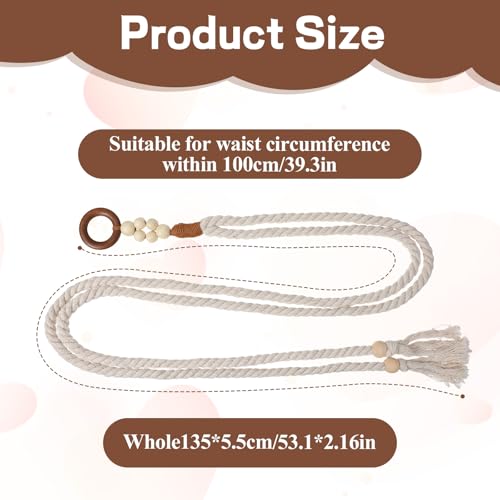 Rope Belt, Tassel Braided Boho Belt with Wooden Beads Skinny Macrame Belts for Dresses Skirts Tunics2