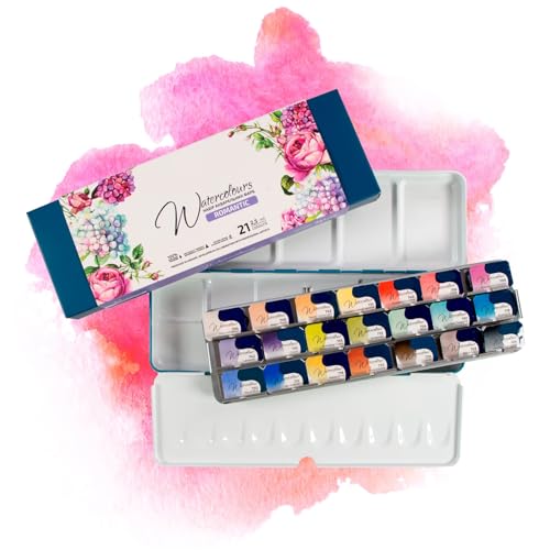 7 Artists Aquarellfarben Set – 21 x Näpfchen Rosa Gallery Romantische Aquarell | Professionelle Aquarell Set in Metallkasten | Hochwertig Künstler Aquarellkasten | Aquarellfarbe Wasserfarben