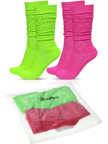 JenPen 2 Pairs 80s 90s Neon Slouch Socks for Women 80s 90s Outfits Accessories Soft Scrunch Socks Extra Long Size 9 to 10