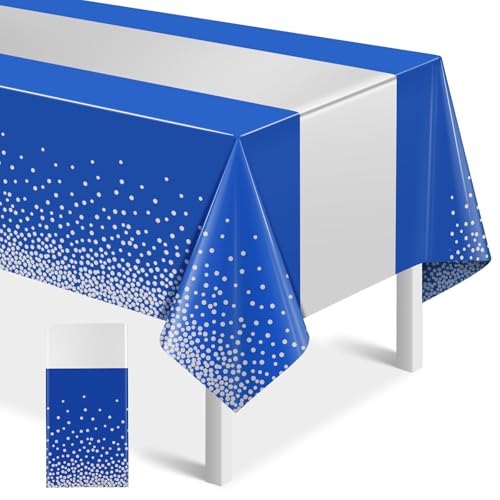 Image of 1Pcs Blue Silver Tablecloth Party Decorations,Plastic Royal Blue Table Cloth Printed Silver Table Runner Disposable Rectangle Tables Cover for Anniversary Wedding Graduation 2024 Party,54 x108 Inch