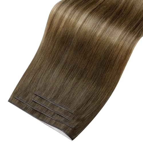Image of LaaVoo Weft Tape Hair Extensions Medium Brown to Golden Brown Tape on Extensions Balayage Human Hair Tape in Weft Extensions 120g 20inch 4pcs