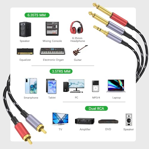 DCNETWORK 3,5mm auf RCA Kabel, Dual 6,35mm TS auf Cinch Audio Adapter, HiFi Y-Splitter AUX Kabel mit vergoldeten Kontakten für Kopfhörer, Handy, Lautsprecher, MP3, Tablet, Fernseher 4.5M