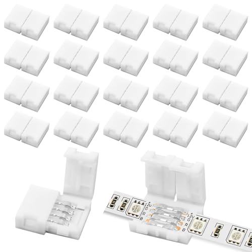 Dirvcp 20-Pack PBT Fireproof 4-Pin LED Strip Connectors Solderless Gapless Adapter for 8mm Wide RGB 5050 Light Strips Ultra-Stable Extension and Splice Kit for DIY Lighting Projects (8MM-4PIN)