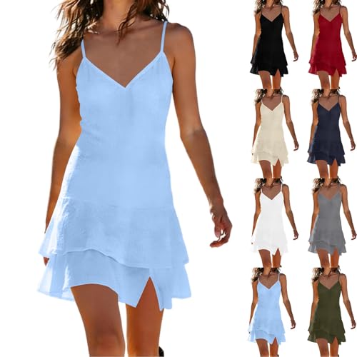 BFSWL Kleider Damen Spaghetti Strap V-Ausschnitt Leinenkleid Elegant A Linien Minikleid Einfarbig Luftig Swing Baumwolle Leinen Sommerkleid Layered Flowy Trägerkleid Urlaubs Strandkleid