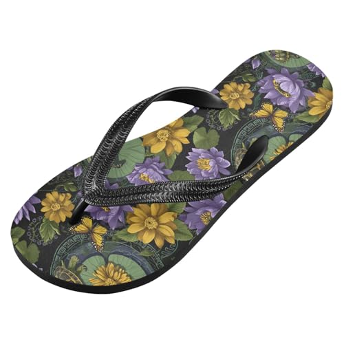 ALAZA Turtles Butterflies Flowers Flip Flops for Women Fashion Beach Slippers Comfort Mens Flip Flops Non-Slip Rubber Shower Slippers Sandal for Hotel Travel Sport,XS2