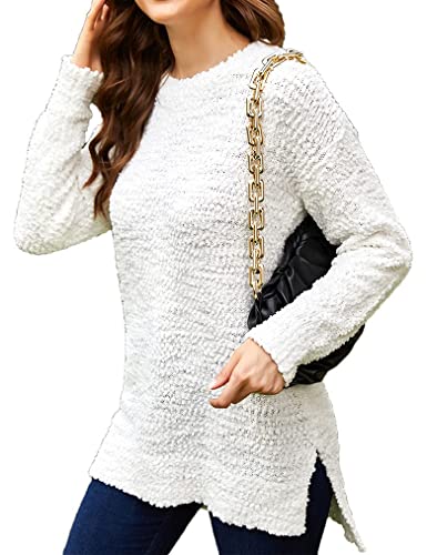 Qearal Women's Long Sleeve Fuzzy Knitted Sweater Popcorn Side Split Loose Pullover Tops3