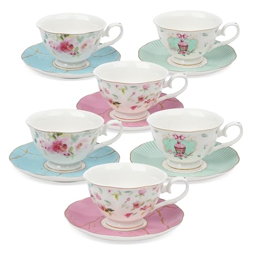 fanquare 6er Set Rose Teetasse und Untertasse, Britische Teetassen Set...