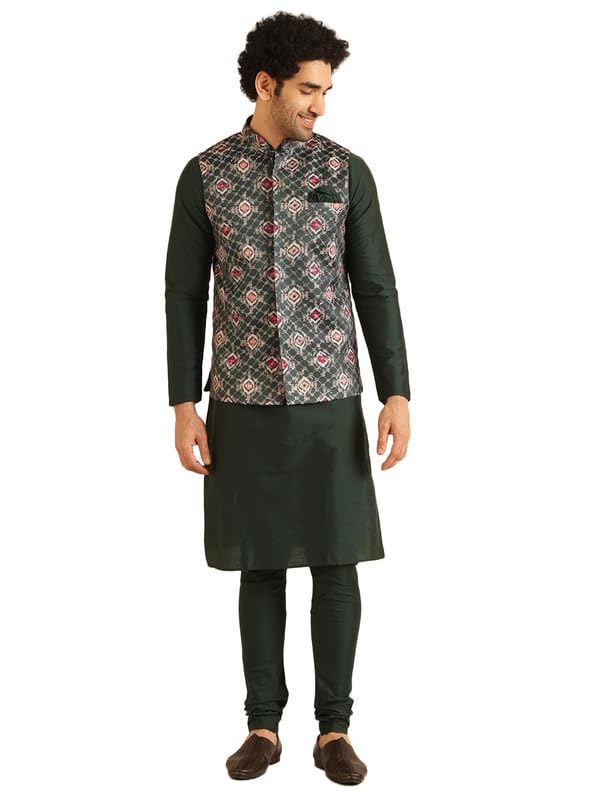 Image of KISAH Men's Kurta Jacket Churidar Set, Bottle Green Silk Blend, Embroidered Regular Fit Mandarin Collar Long Sleeves